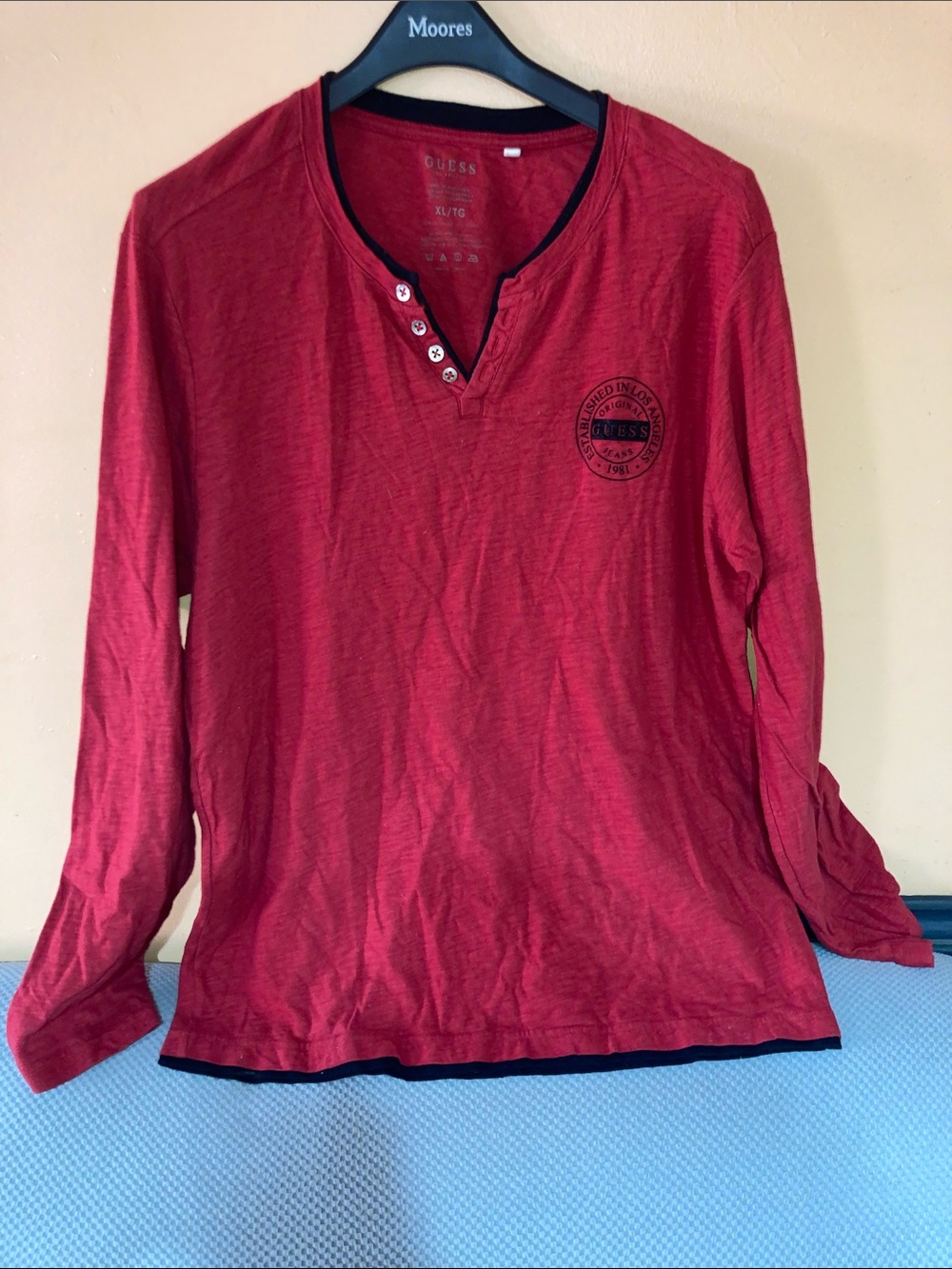 GUESS Red Long Sleeve Henley with Black Trim